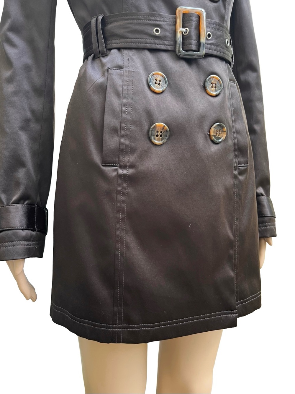 Suzy Chocolate Brown Sateen Belted Trench Coat S - Picture 7 of 11